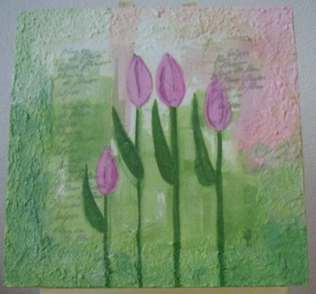 Dekupáž, tulipány na destičce